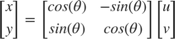 $$ \left[{\begin{array}{cc} x\\y \end{array}}\right] = \left[{\begin{array}{ccc} cos(\theta) & -sin(\theta)\\ sin(\theta)& cos(\theta) \\ \end{array} }\right] \left[{\begin{array}{cc} u\\v \end{array}} \right] $$