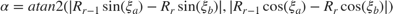 $\alpha = atan2(|R_{r-1}\sin(\xi_{a})-R_{r}\sin(\xi_{b})| , |R_{r-1}\cos(\xi_{a})-R_{r}\cos(\xi_{b})|)$