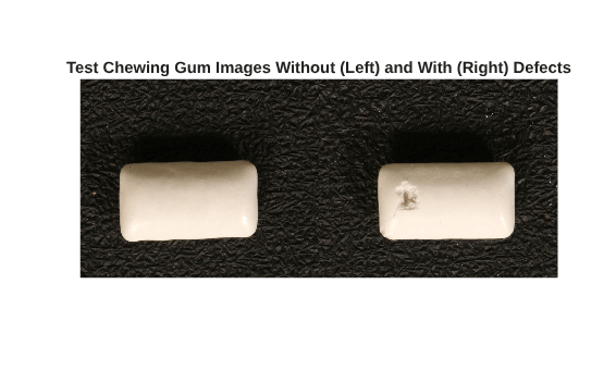 Figure contains an axes object. The hidden axes object with title Test Chewing Gum Images Without (Left) and With (Right) Defects contains an object of type image.