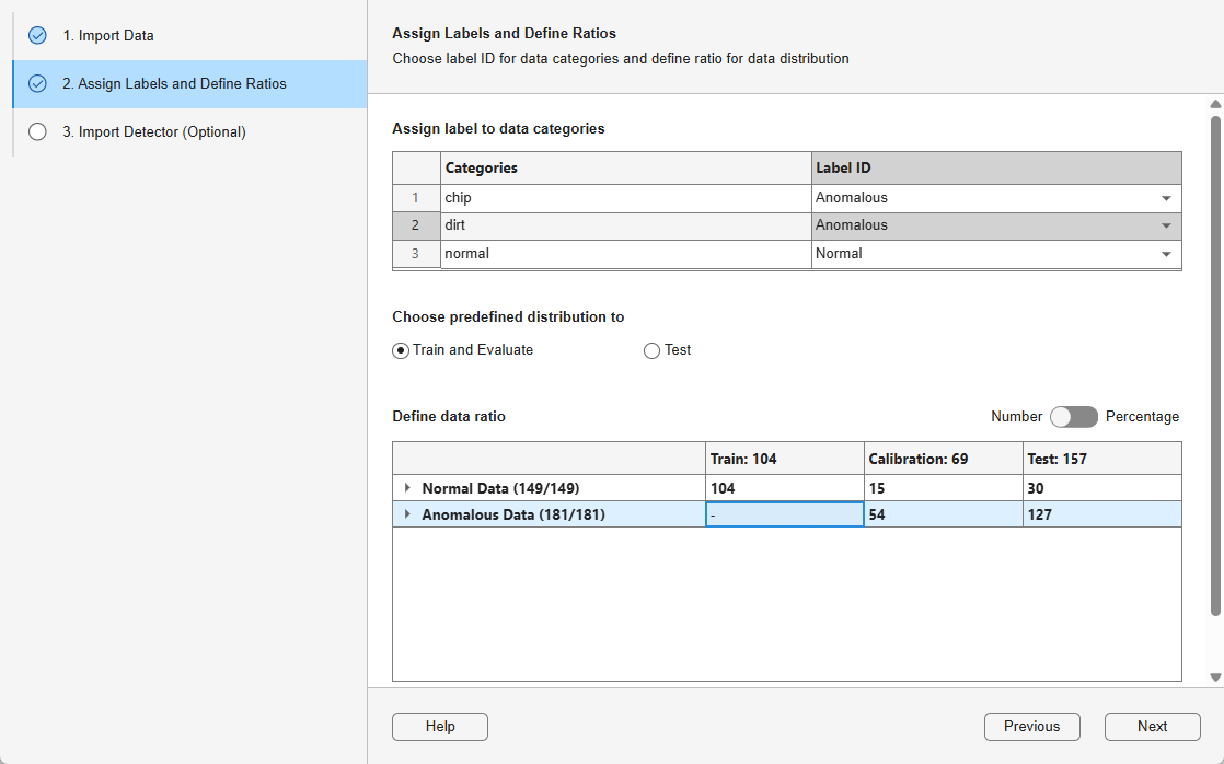Dialog box with options to assign labels to data categories, choose whether to train and evaluate or to test the data, and define the data ratios using numbers or percentages