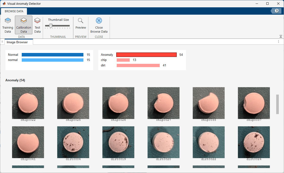 Browse Data tab with options to view images in the training data, calibration data, or test data