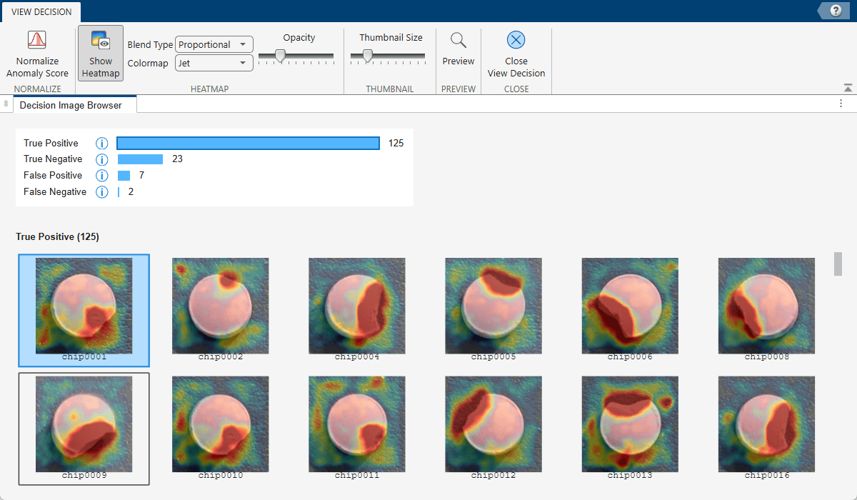 View Decision tab with images that include an anomaly heatmap overlay