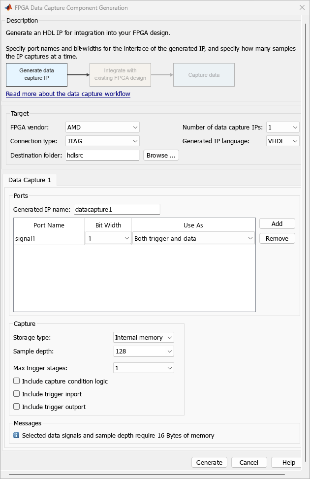 FPGA Data Capture Component Generator tool with default settings
