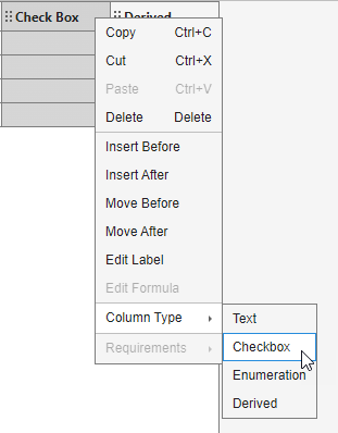 The context menu that displays after clicking the right side of the column label. The cursor points to the Checkbox option.