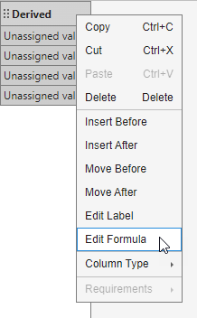 The context menu that displays after clicking the right side of the column label. The cursor points to the Edit Formula option.