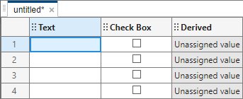 The spreadsheet you created with specified column types. The first column label takes text in its cells, the second has a check box for its cells, and the third must derive its value. The value of the third column cells says, Unset!.