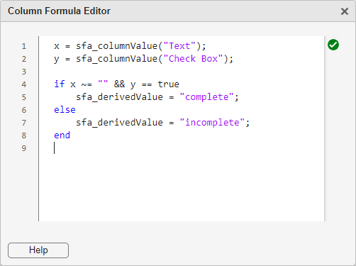 The completed script in the Column Formula Editor window