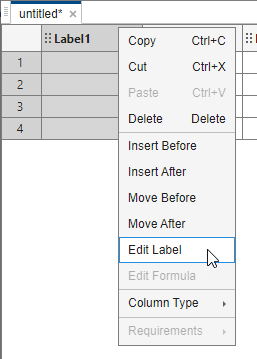 The context menu that displays after right-clicking the column label. The cursor points to the Edit Label option.