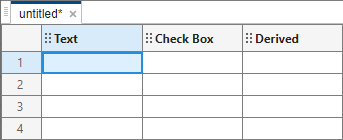 The spreadsheet you created with new rows and columns, and the three columns are updated. The first column label says Text, the second label says Check Box, and the third label says Derived.
