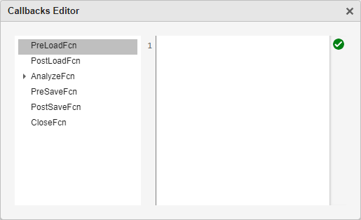 The Callbacks Editor window. The window has not script, and the PreLoadFcn option is highlighted in grey.