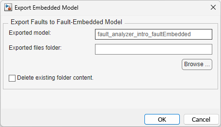 The Export window. The window displays three properties. The Exported model name property is blurred out, while the Exported artifacts folder and Delete existing folder contents properties are cleared.