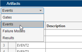The Artifacts pane title is in white text and has a blue highlight. The image has a cursor pointed to a list. The value Events is selected. Several event names are obscured by the drop down.