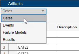 The Artifacts pane title is in white text and has a blue highlight. The image has a cursor pointed to a list. The value Gates is selected. Several event names are obscured by the drop down.