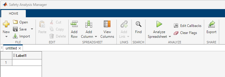 A new spreadsheet in the Safety Analysis Manager. The spreadsheet has one row and one column.