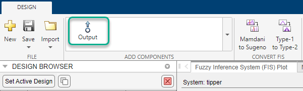 App toolstrip with the Output option listed as the only option in the Add Components gallery