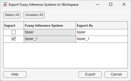 Export Fuzzy Inference Systems to Workspace dialog box listing two FIS designs to export. The table contains three columns: Export on the left with check boxes for selecting designs, Fuzzy Inference System in the middle with the design names, and Export As on the right with default variable names that match the design names.