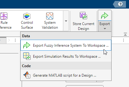 App toolstrip showing the Export Fuzzy Inference System to Workspace selection in the Export drop-down menu on the far right side of the toolstrip.