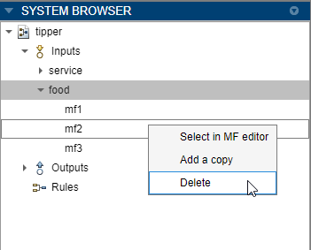 System Browser with the food variable expanded to show the MFs and the context menu showing the Delete option for the second MF.