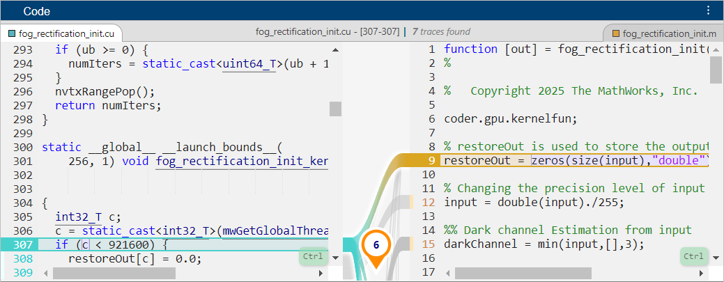 Code pane highlighting the traced MATLAB code. The traced MATLAB code calls the zeros function.