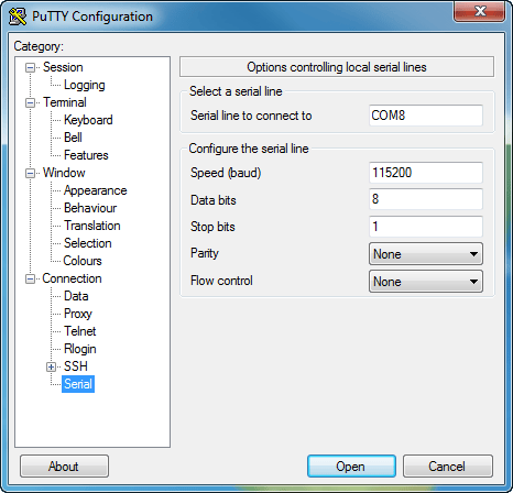 Configure the connection by using the PuTTY Configuration dialog box.