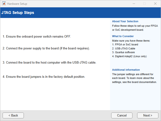 Set up hardware board with JTAG interface