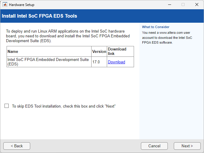 Install Intel SoC FPGA EDS Tools screen