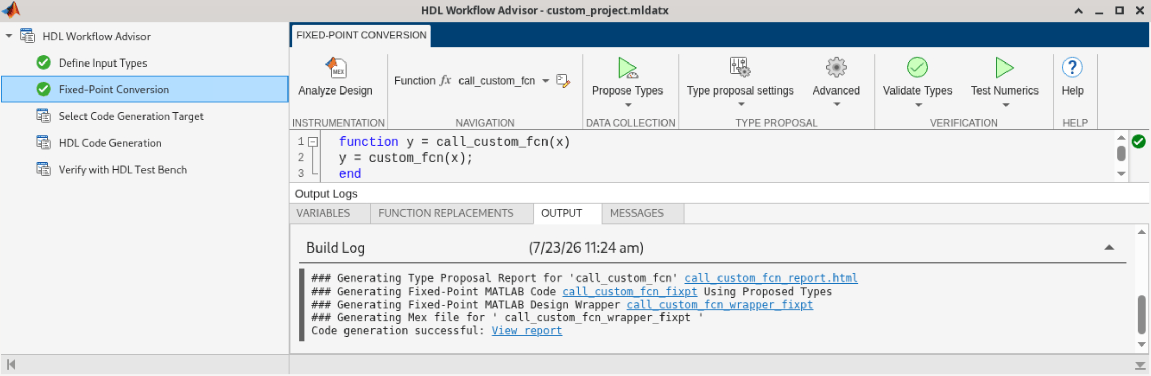 Output tab showing successful fixed-point code generation with links to the generated call_custom_fcn_fixpt report