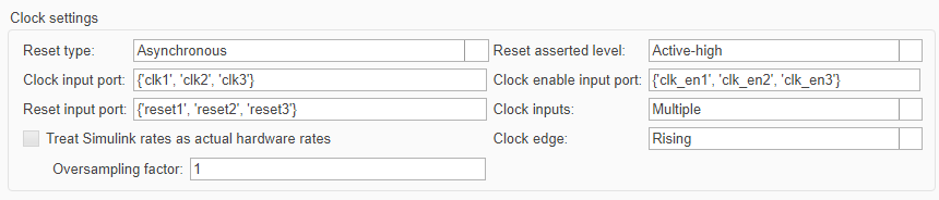 Clock setting for Clock input port, reset input port and clock enable input port parameters.