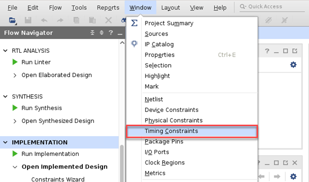 Xilinx Vivado Timing Constraints Window Menu