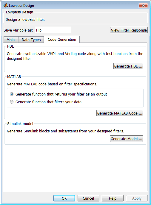 Code Generation tab of Lowpass Design dialog box