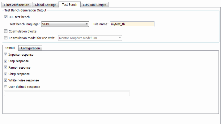 Test Bench tab of Generate HDL tool