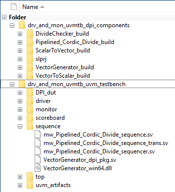 Generated directory structure for a top level model named drv_and_mon_uvmtb. A directory named "drv_and_mon_uvmtb_dpi_components" is expanded to show contents, and a directory named "drv_and_mon_uvmtb_uvm_testbench" is expanded to show contents.