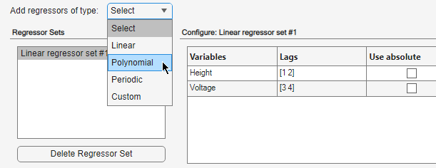 Add regressors of type selection for Polynomial is on the left