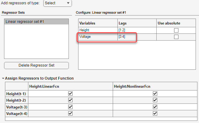 Regressors tab within Model Structure tab. The list of regressor sets and a button to delete a set is in the top left portion. The regressor configuration table is in the top right portion. The regressor assignments table is on the bottom.