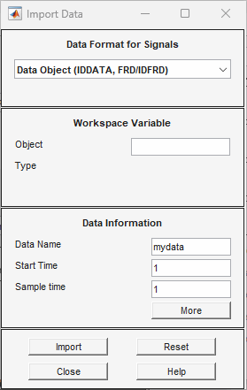 Import Data dialog box. Data Type is on the top. Workspace Variable is second from the top. Data information is third from the top. Import, Reset, Close, and Help buttons are on the bottom.