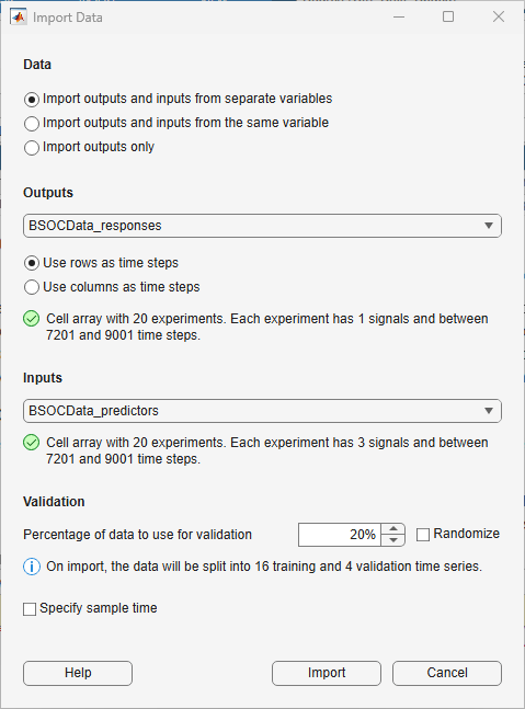 Import Data dialog box for configuring inputs, outputs, and validation split before importing.
