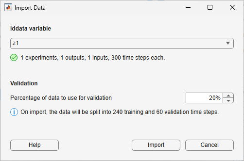 Import Data dialog box for importing iddata objects.