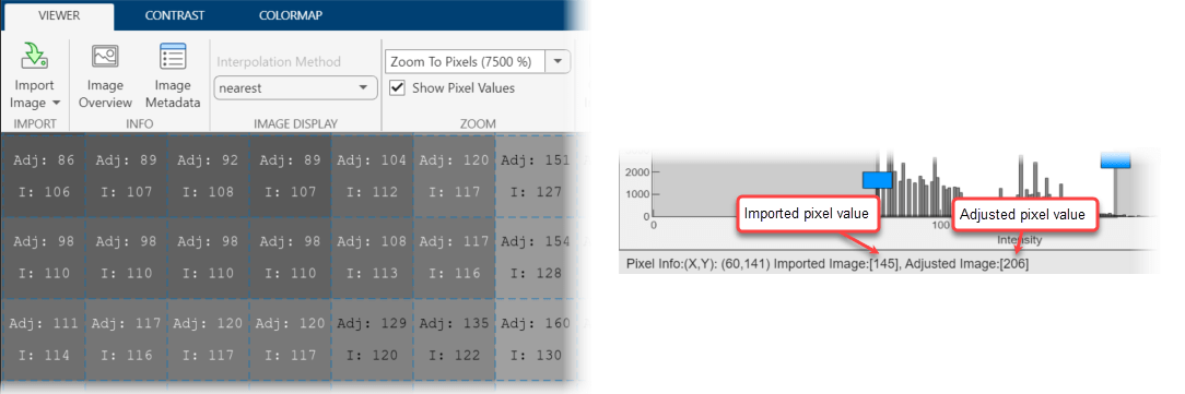 Pixel info showing the imported and adjusted value