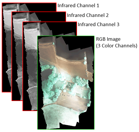 Multispectral image separated into four separate images showing three infrared channels and the RGB channels
