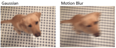 An image with a Gaussian blur is on the left, and an image with a directional motion blur is on the right.