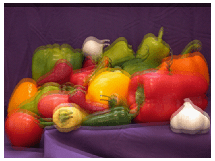 Original and vertically translated peppers image displayed using the blend method