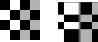 Original and transformed checkerboard image. The transformed image appears nonuniformly stretched.