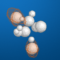 Orange ellipsoids overlaid on a 3-D scene of white spheres