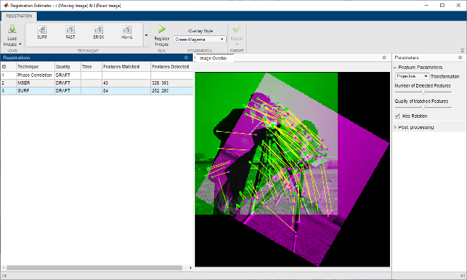 Registration Estimator app showing an overlay of images with corresponding control points.