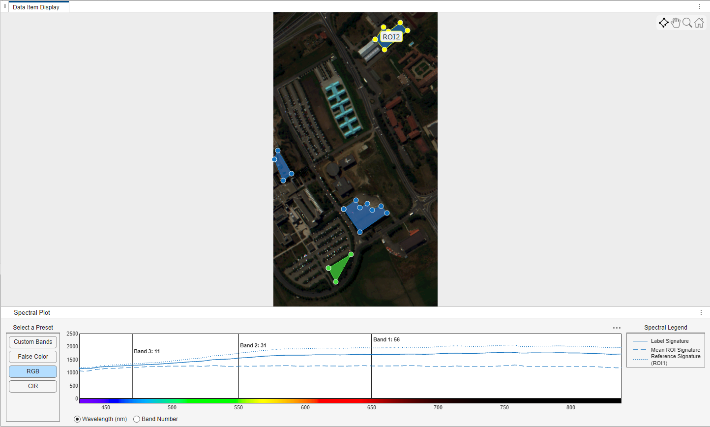 Spectral plots of selected ROI, all ROIs in label, and reference ROI in Spectral Image Labeler app.