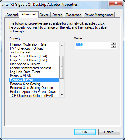 Gigabit Ethernet Adapter Properties window with Receive Buffers selected in Advanced tab