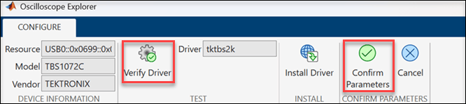 Configure tab with Install, Test, and Confirm Parameters sections on the toolstrip