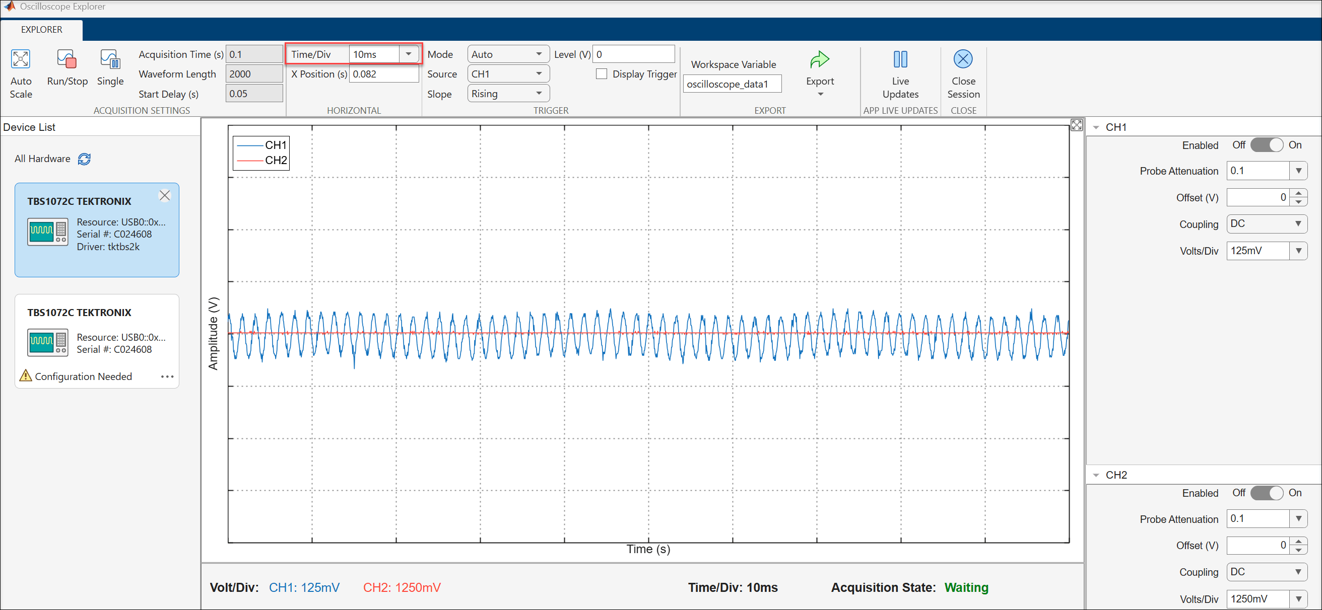 Explorer tab with Time/Div changed to 10 milliseconds showing more waveform cycles