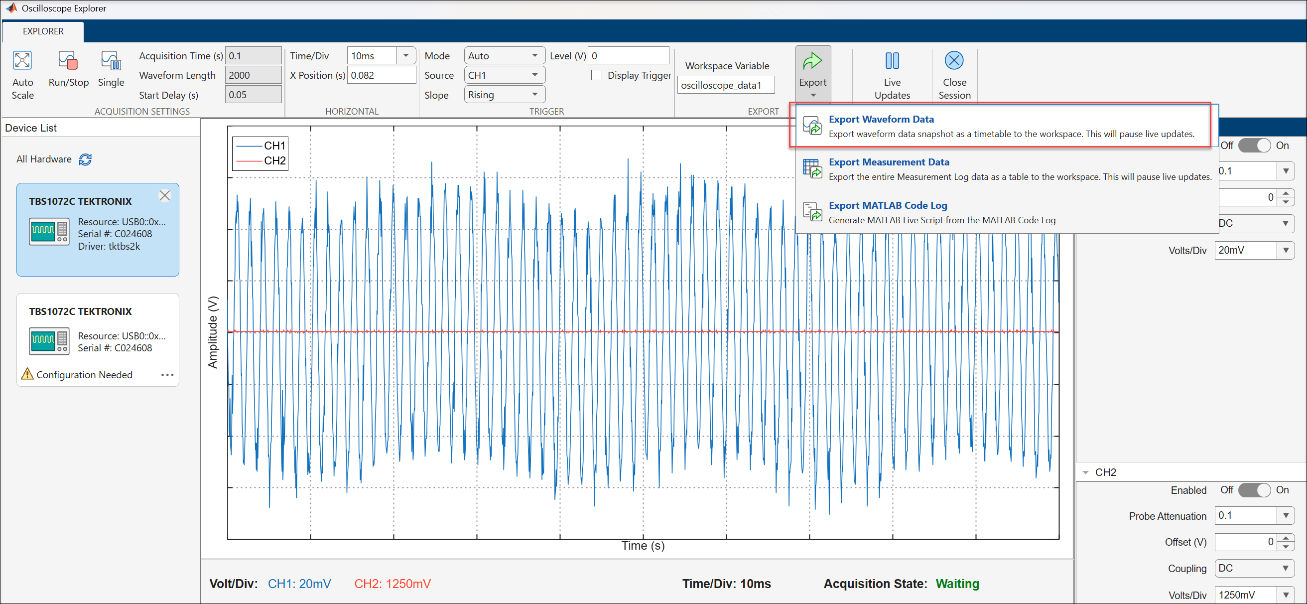 Export dropdown menu showing Export Waveform Data, Export Measurement Data, and Export MATLAB Code Log options