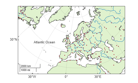 Figure contains an axes object with type mapaxes. The mapaxes object contains 4 objects of type polygon, line, point, text.